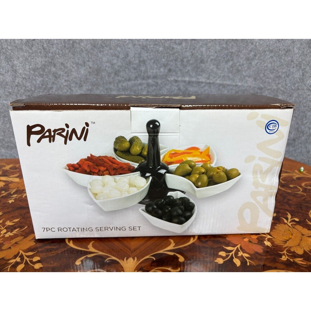Parini 7 Piece Rotating Serving Set White Ceramic Bowls Lazy Susan NIB